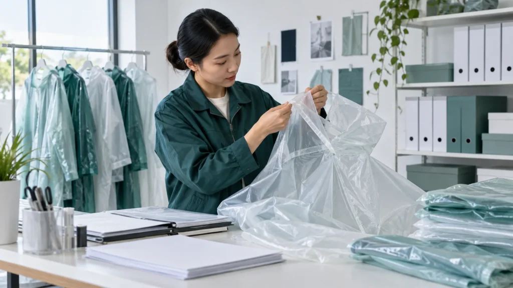 Technician checking a poncho seam beside product documents