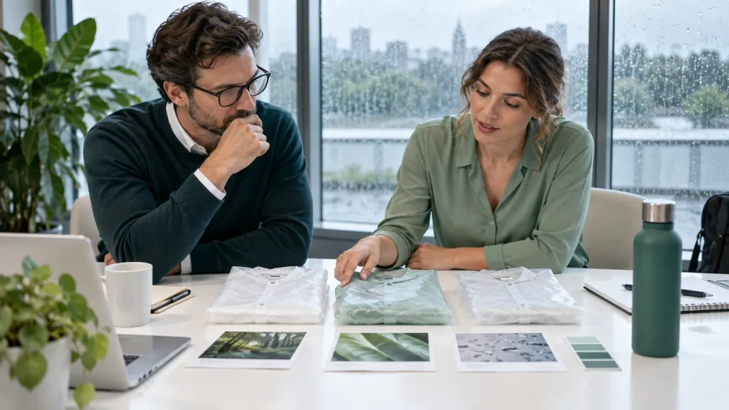 Procurement colleagues comparing rain poncho samples for a CSR buying brief