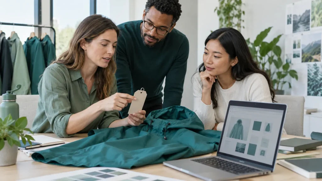 Procurement and marketing colleagues reviewing a garment hangtag