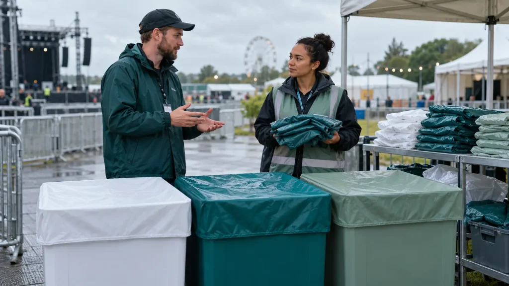 Event staff planning rainwear collection points at an outdoor venue