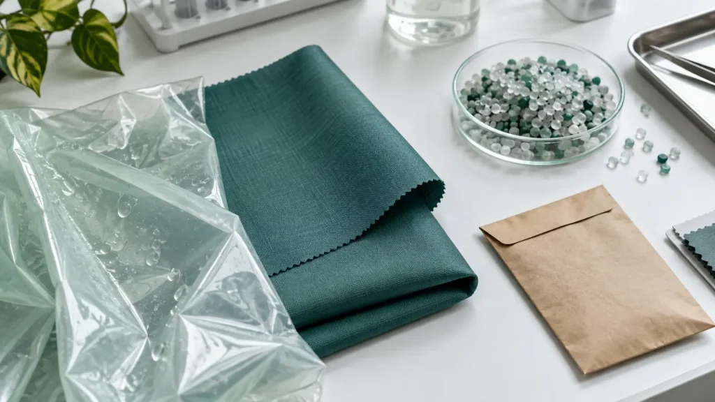 Translucent rainwear film and coated fabric beside polymer pellets and a plain envelope
