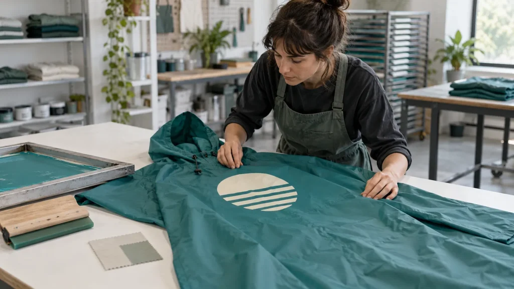 Print specialist examining a geometric design on a teal rain poncho