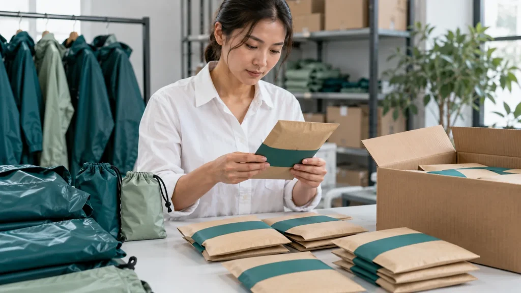 Buyer comparing paper sleeves and fabric pouches for folded rainwear