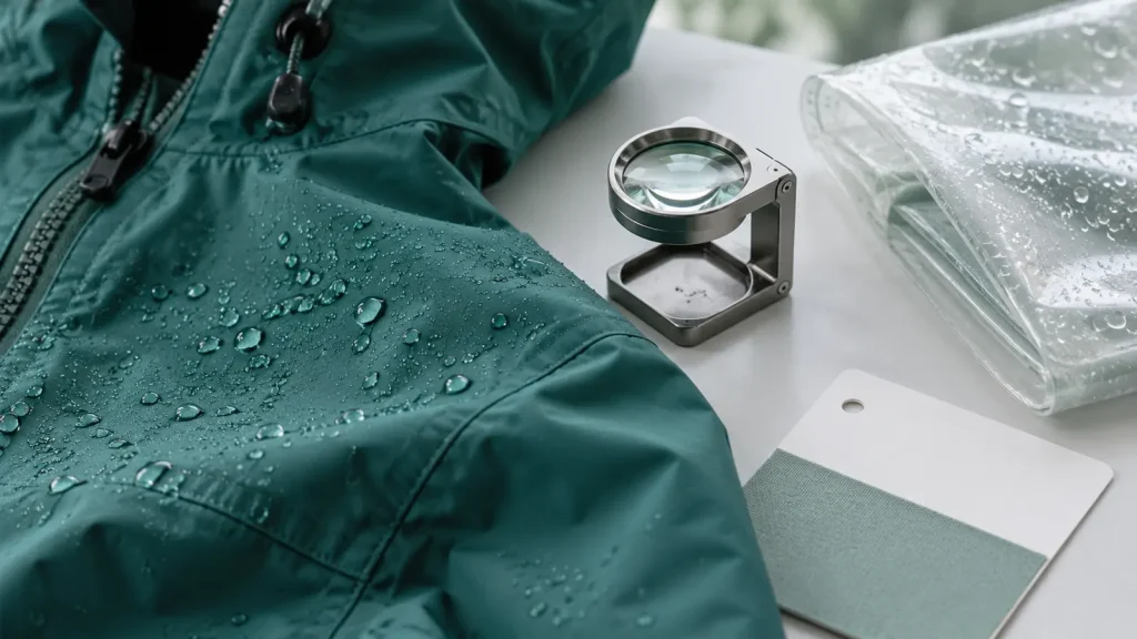 Close view of coated rainwear fabric and film samples with a magnifier