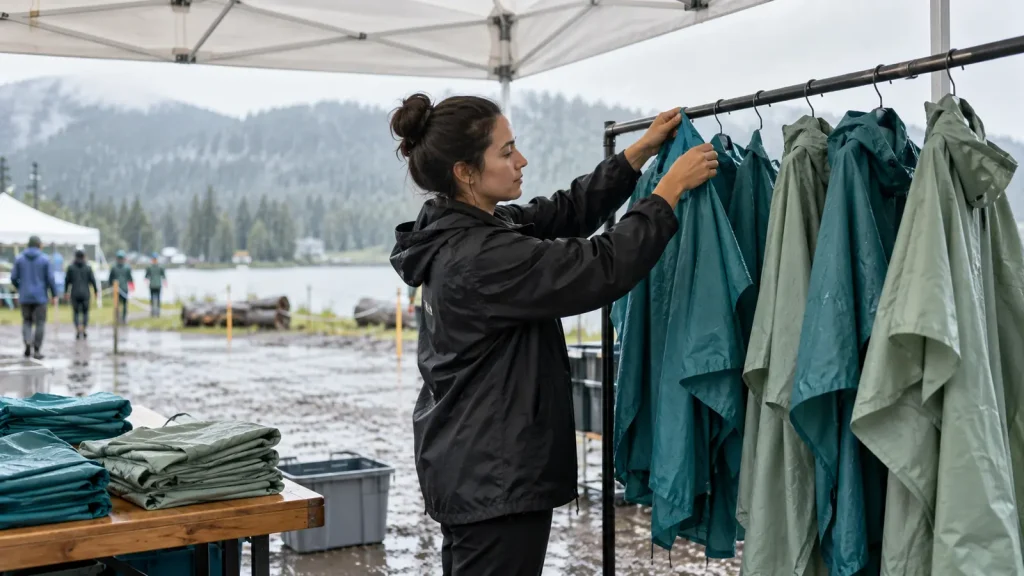 Volunteer arranging reusable rain ponchos on a covered drying rack