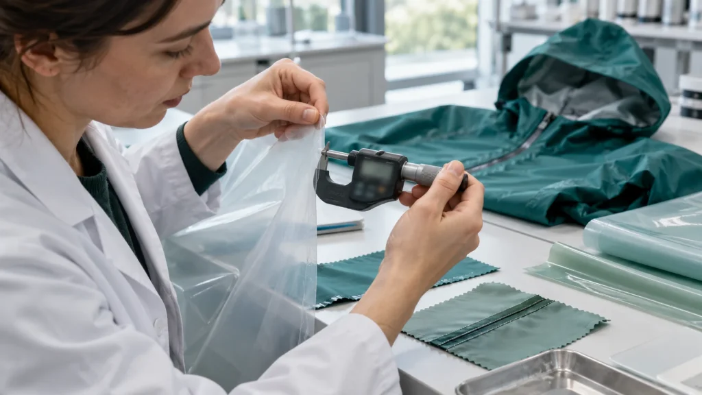 Technician measuring a rainwear film sample with a micrometer