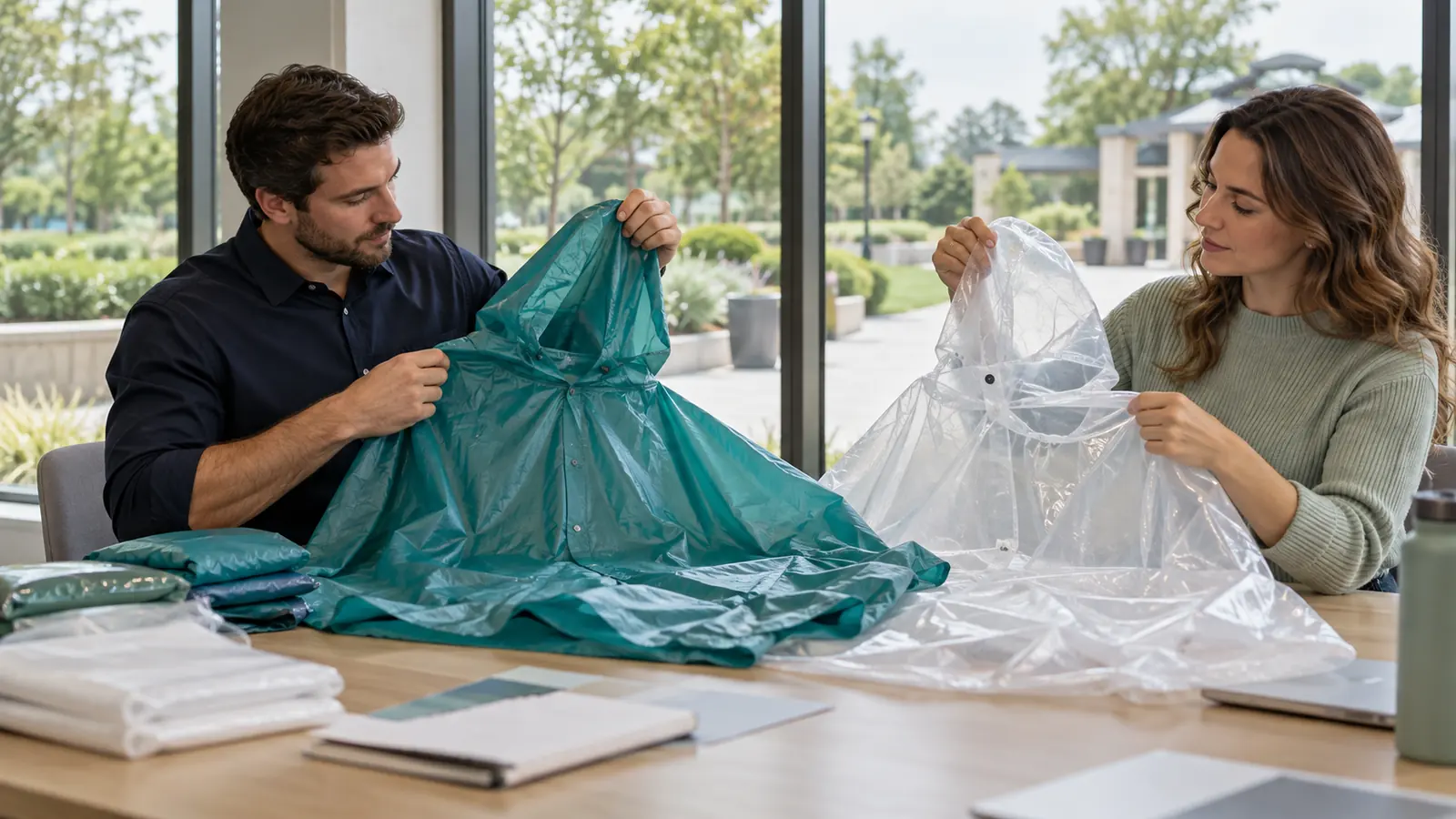 Buyers comparing clear and teal ponchos at a visitor-attraction planning table