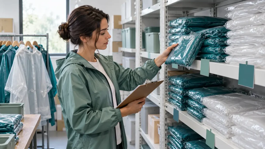 Stock coordinator checking poncho packs on storeroom shelves
