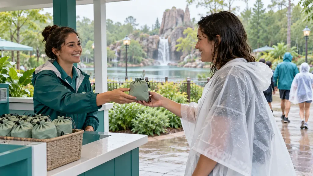 Attraction employee handing a compact poncho pouch to a visitor at a covered kiosk