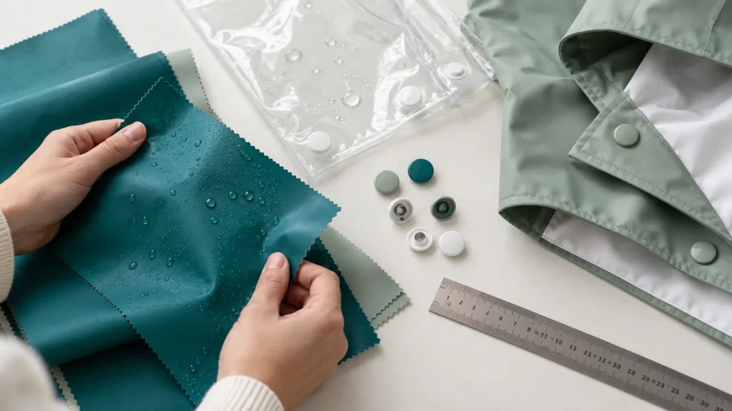 Rainwear film and textile samples with snaps and a ruler