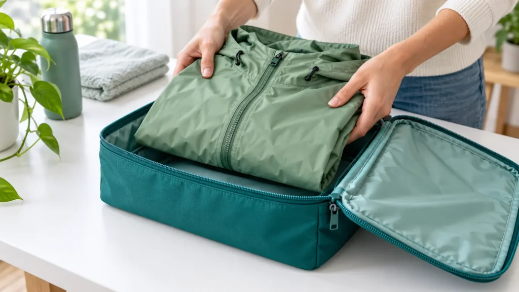 Hands placing a folded sage raincoat inside an open teal zip pouch