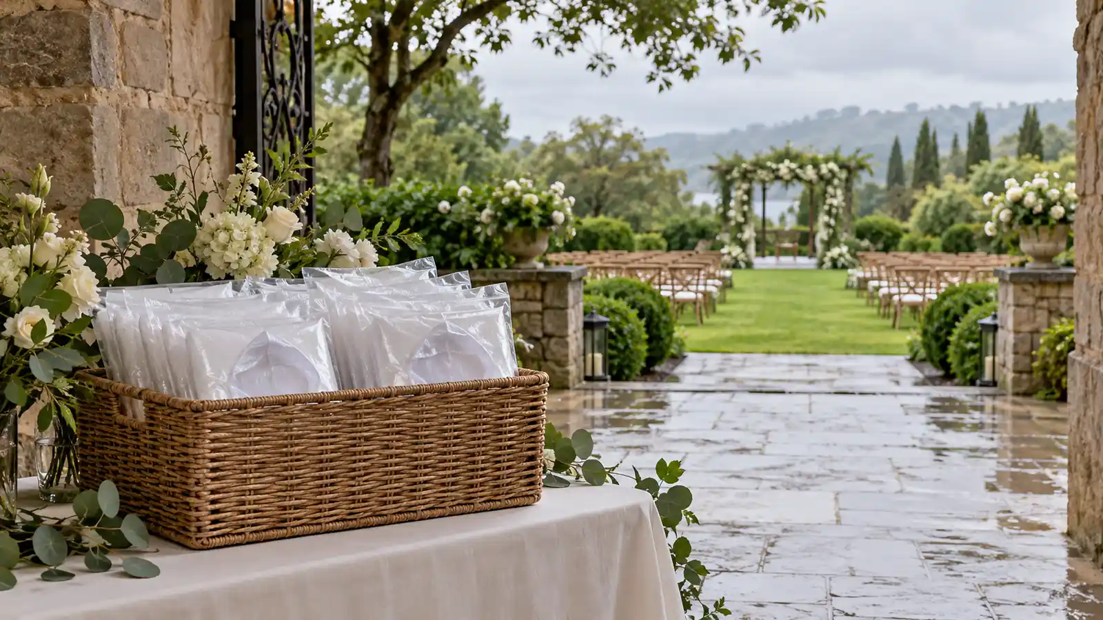 Wrapped rain ponchos on a wedding welcome table beside ivory flowers