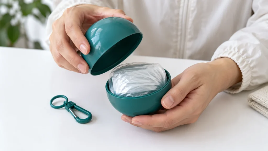 Hands opening a teal spherical case containing a folded translucent poncho