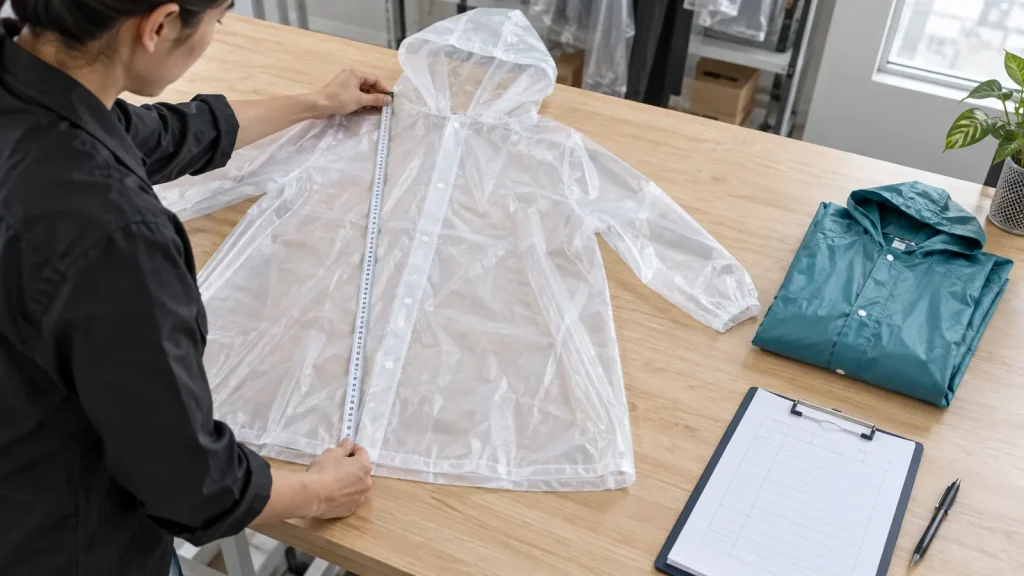 Technician measuring a translucent poncho beside a folded teal raincoat