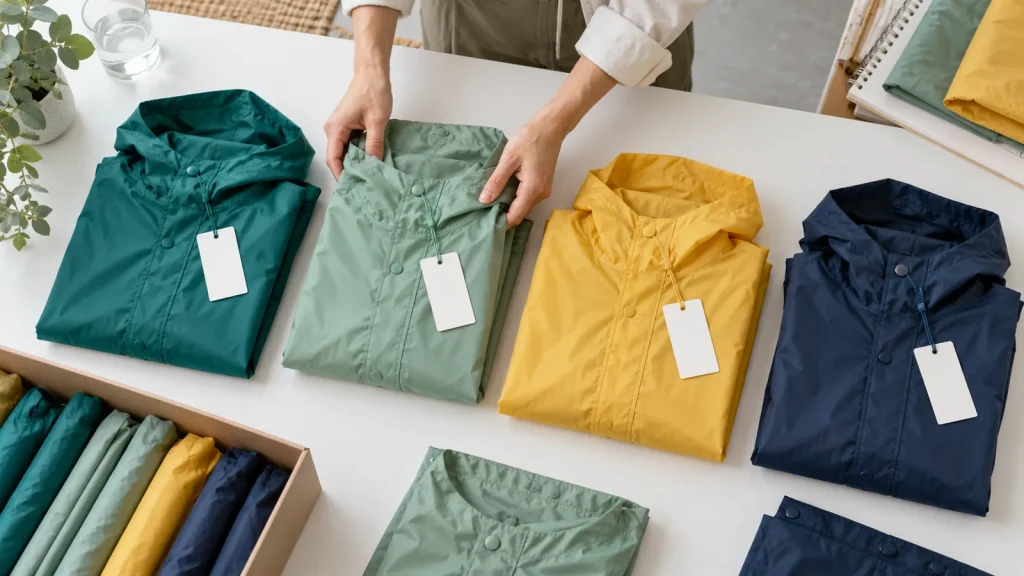 Teal, sage, yellow and navy rainwear arranged with blank sample tags