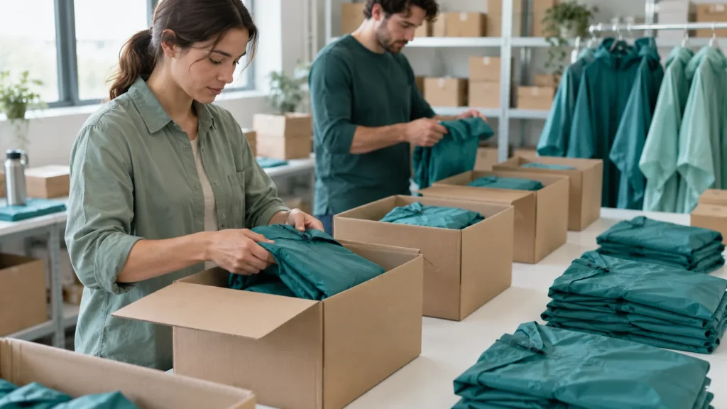 Workers preparing folded rainwear and cartons for bulk packing