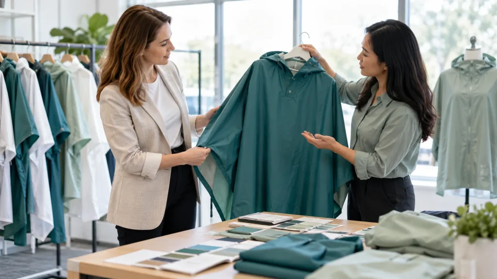 Business buyers discussing a teal rain poncho sample