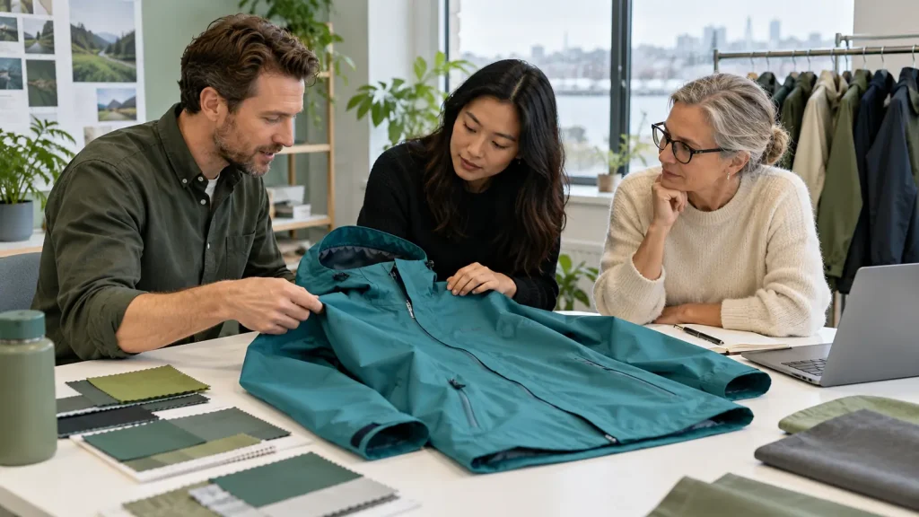Three colleagues discuss a teal rain jacket laid across a meeting table