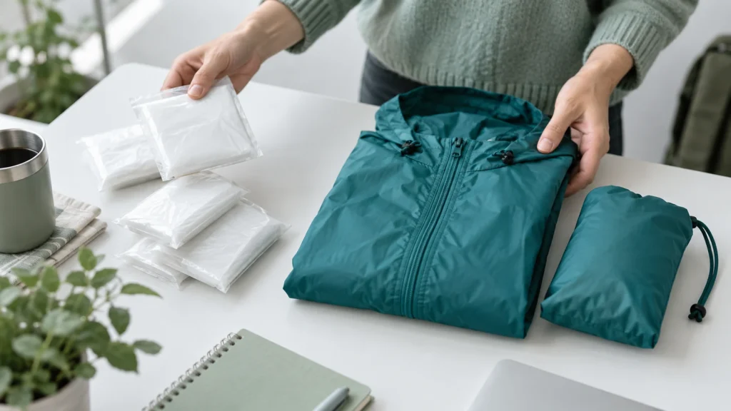Compact emergency poncho packs beside a reusable raincoat and pouch