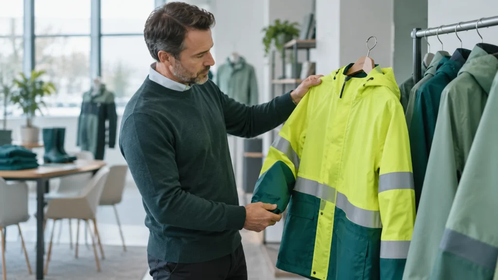 Buyer inspecting a high-visibility rain jacket in a showroom