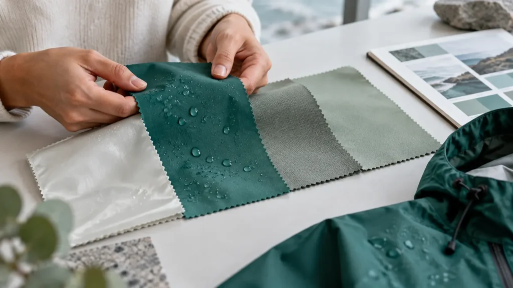 Rainwear film and coated textile swatches arranged for comparison
