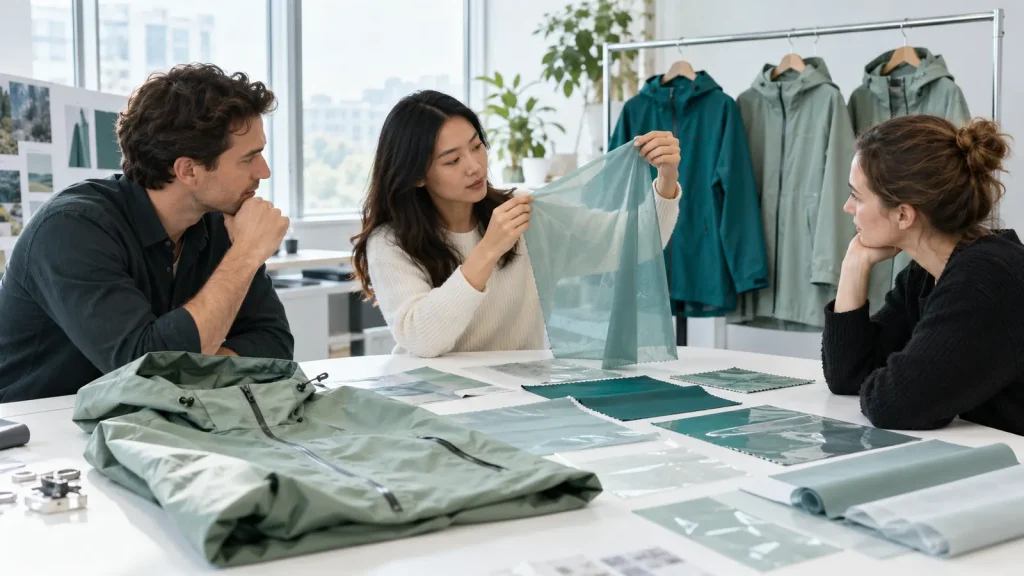 Three colleagues discussing rainwear swatches and finished garment samples
