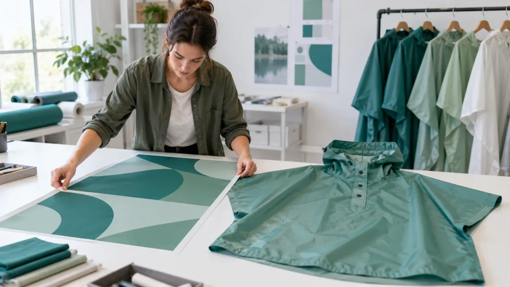 Print specialist aligning geometric artwork beside a rain poncho