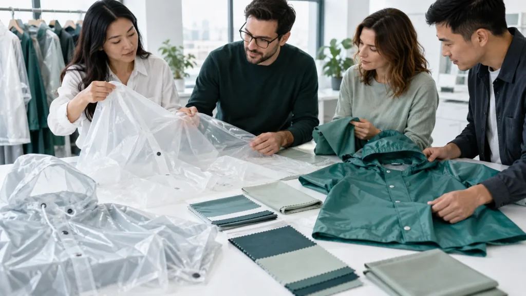 Procurement team comparing clear and teal rainwear samples for a wholesale buying brief