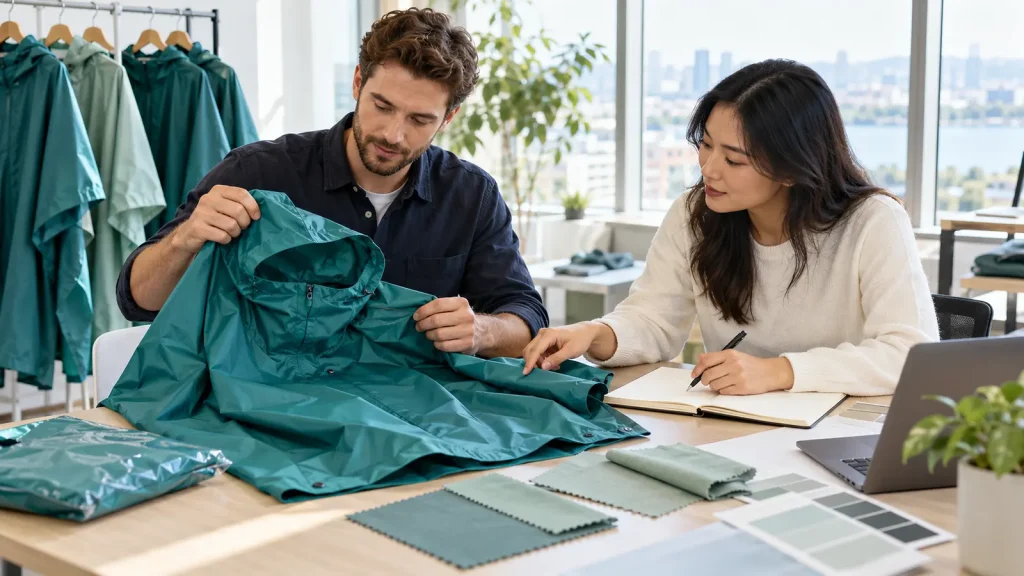 Two colleagues reviewing a teal rain poncho and material swatches at a table