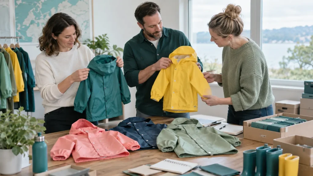 Adult coordinators reviewing small raincoats and school-trip supplies