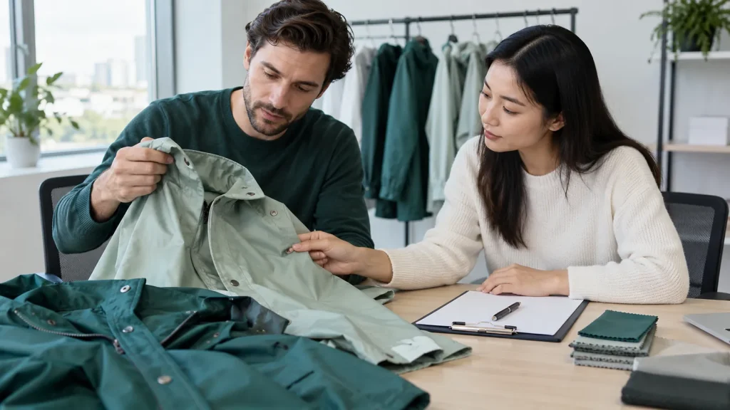 Buyers reviewing closures and construction on raincoat samples