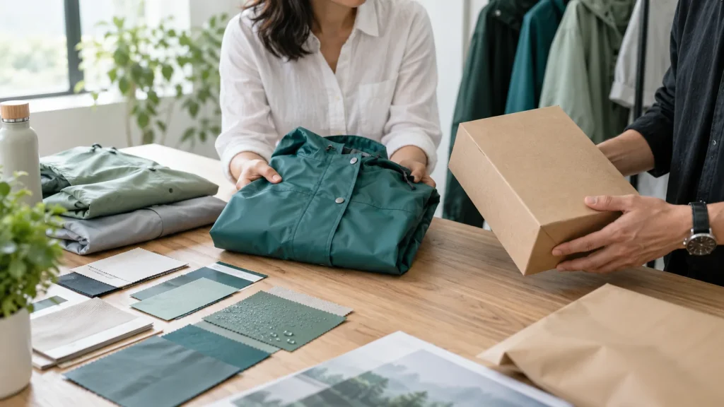 Buyer reviewing folded rainwear and plain paper packaging