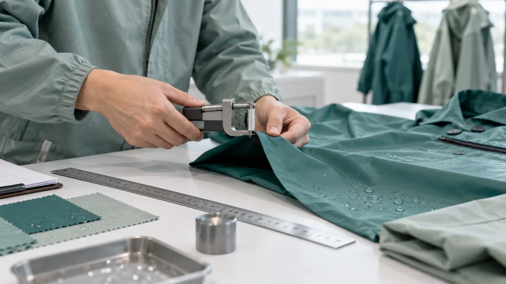 Technician measuring a rainwear sample at an inspection table