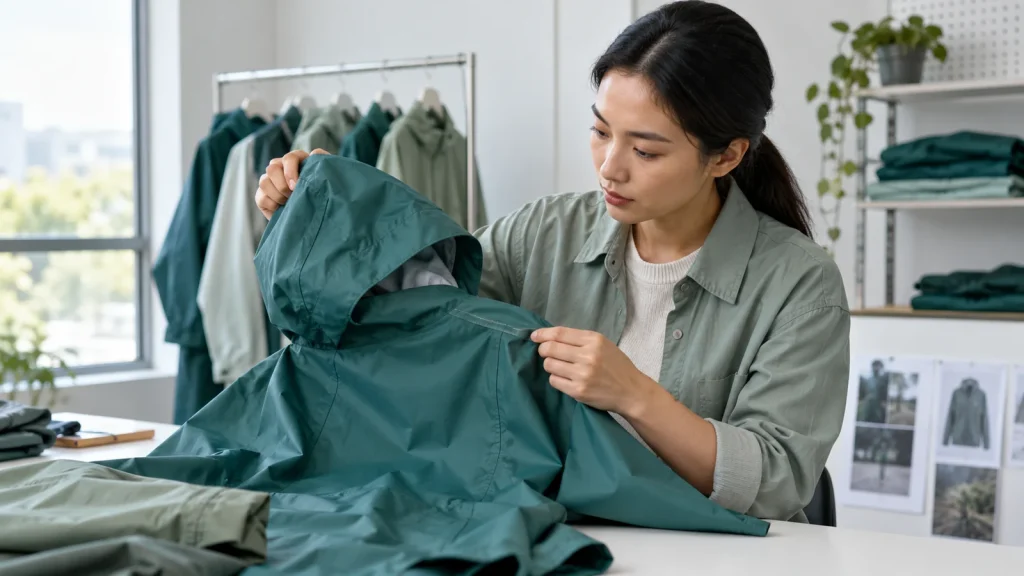 Technician examining a raincoat hood and shoulder seam