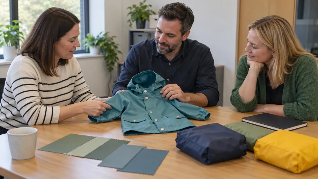 Three adult buyers discussing a small teal raincoat and folded rainwear packs