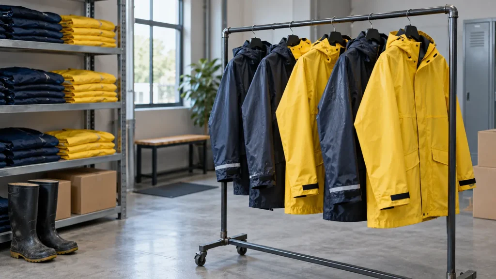 Work rain jackets hanging to dry beside organized spare garments
