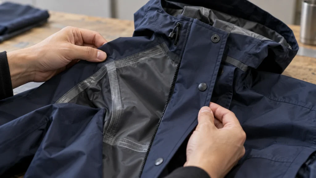 Hands examining taped seams and a storm flap on a navy rain jacket